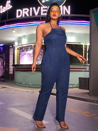 Plus Zip Back Tie Back Denim Jumpsuit