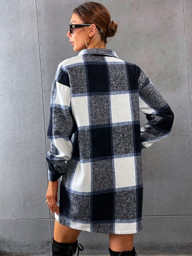 Plaid Drop Shoulder Flap Pocket Overcoat