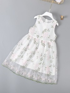 Girls Plants Embroidery Mesh Dress