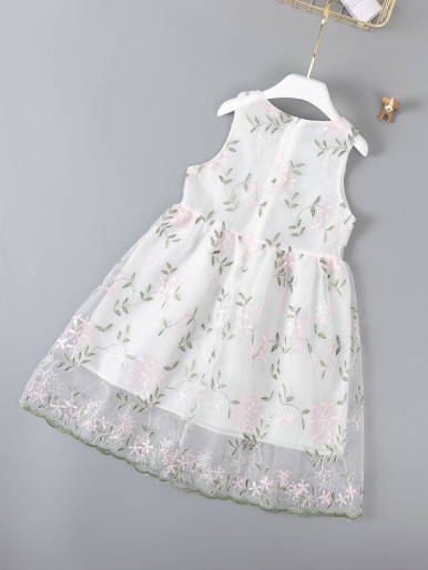 Girls Plants Embroidery Mesh Dress