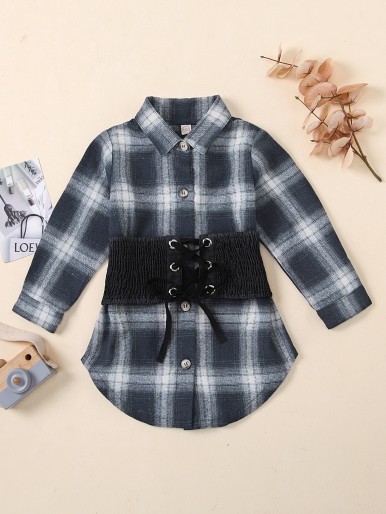 Toddler Girls Plaid Print Button Front Coat With Corset