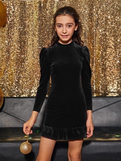 Girls Mock-Neck Leg-of-mutton Sleeve Ruffle Hem Velvet Dress