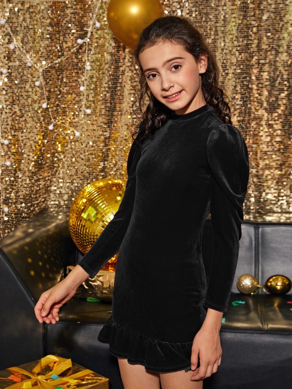 Girls Mock-Neck Leg-of-mutton Sleeve Ruffle Hem Velvet Dress