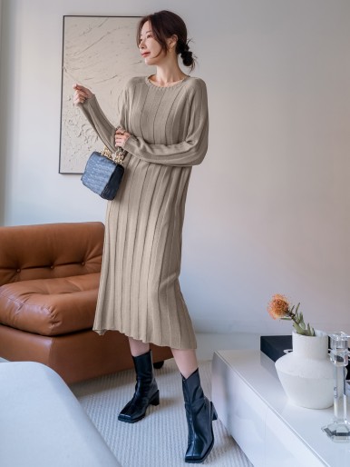 Solid Raglan Sleeve Sweater Dress