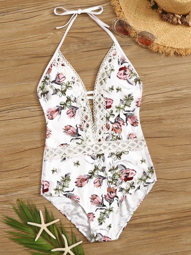 Floral Crochet Lace Trim One Piece Swimsuit