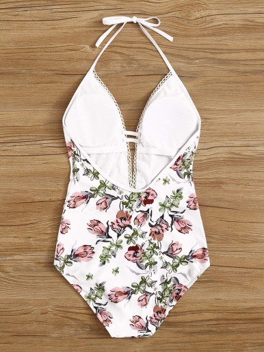 Floral Crochet Lace Trim One Piece Swimsuit