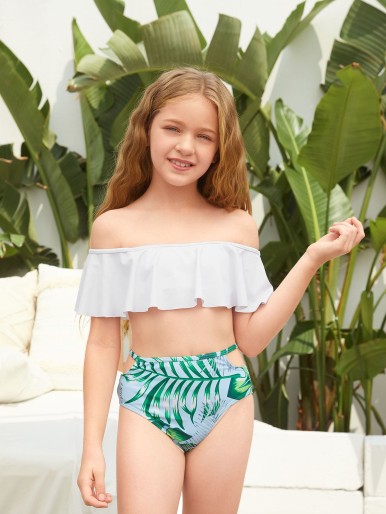 Girls Random Tropical Ruffle Bardot Bikini Swimsuit