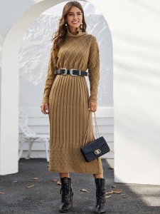 Funnel Neck Geo Knit Sweater Dress Without Belt