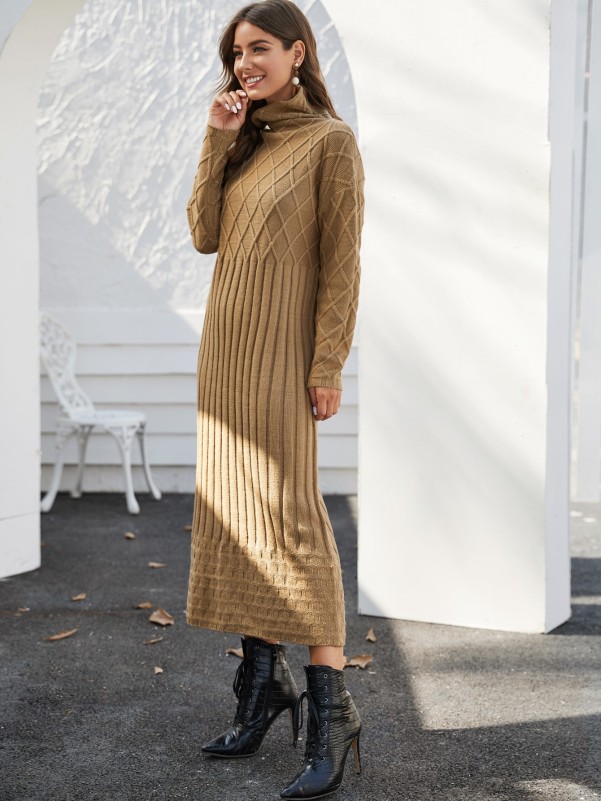 Funnel Neck Geo Knit Sweater Dress Without Belt