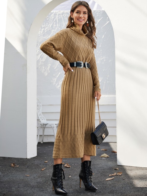 Funnel Neck Geo Knit Sweater Dress Without Belt