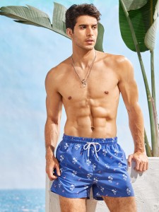 Men Tropical Print Drawstring Swim Trunks