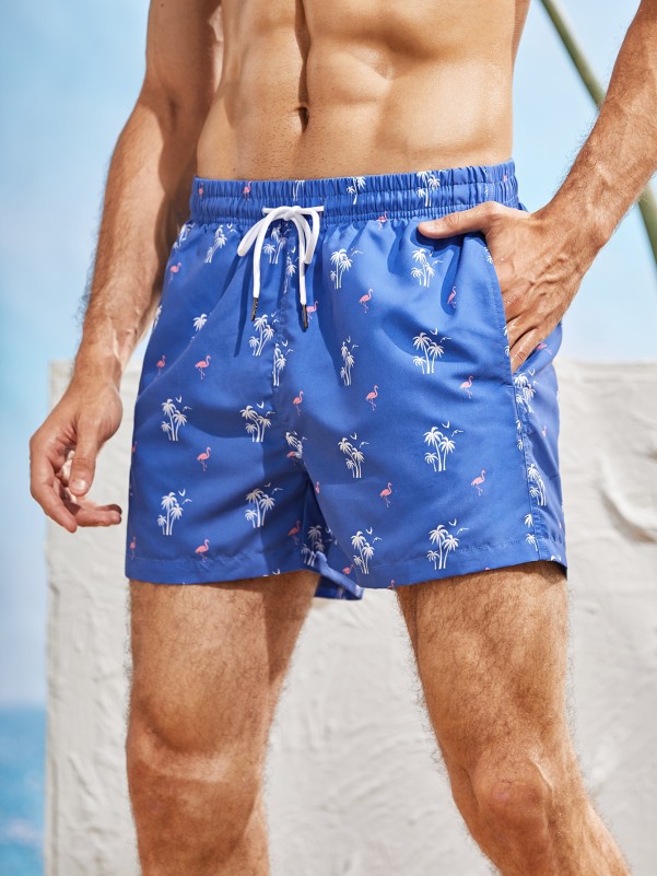 Men Tropical Print Drawstring Swim Trunks