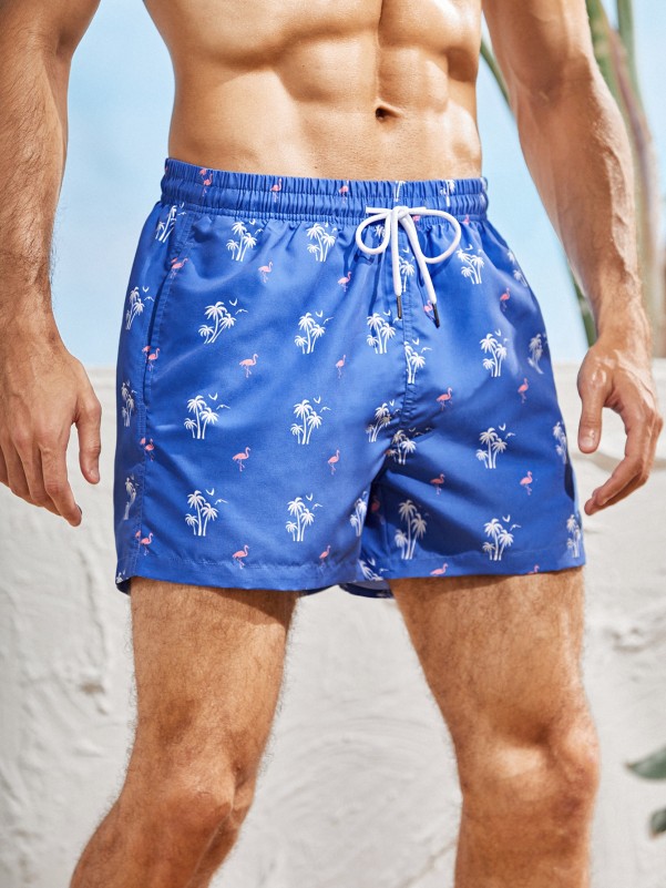 Men Tropical Print Drawstring Swim Trunks