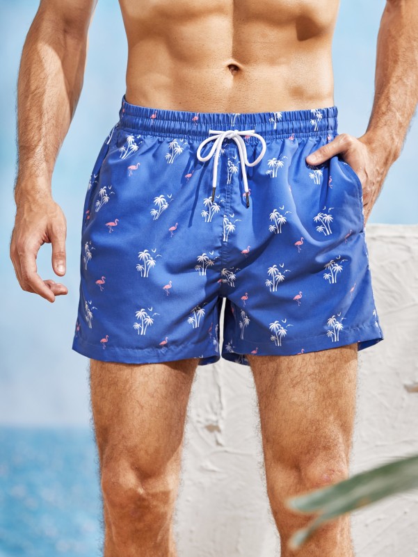 Men Tropical Print Drawstring Swim Trunks