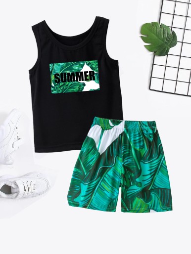 Boys Letter Graphic Tank Top With Tropical Print Shorts