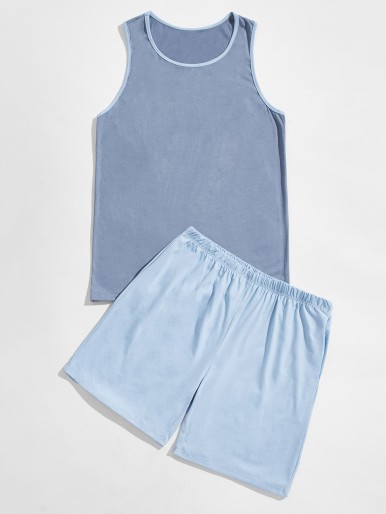 Men Contrast Binding Tank Top & Shorts PJ Set