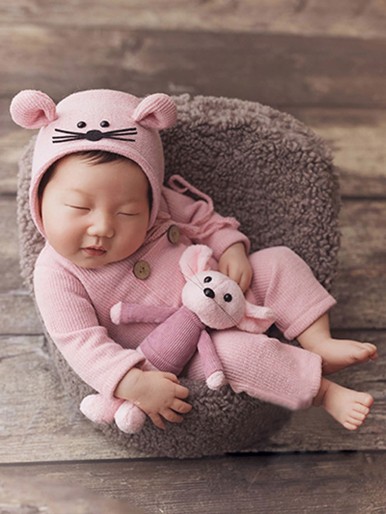 Newborn Unisex 3pcs Button Front Jumpsuit & Toy & Hat Photo Outfit