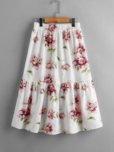 Girls Floral Ruffle Hem Skirt