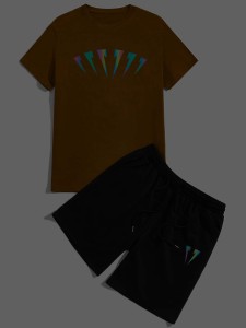 Men Reflective Tee & Drawstring Waist Shorts