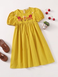 Girls Puff Sleeve Embroidery Floral Smock Dress