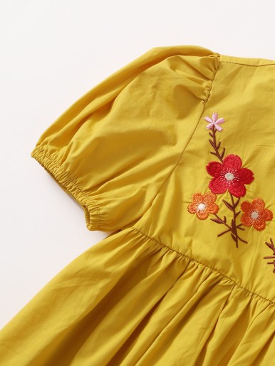 Girls Puff Sleeve Embroidery Floral Smock Dress