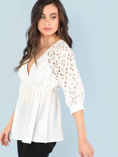 Eyelet Embroidered Deep Neck Blouse