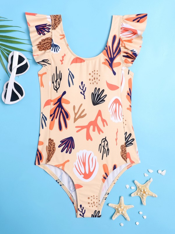 Girls Random Plant Print Ruffle One Piece Swimsuit