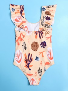 Girls Random Plant Print Ruffle One Piece Swimsuit