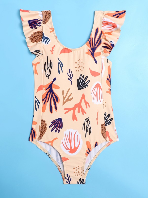 Girls Random Plant Print Ruffle One Piece Swimsuit