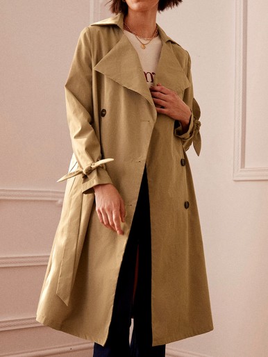 Lapel Neck Double Button Knot Belted Trench Coat