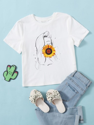 Girls Figure & Floral Print Tee