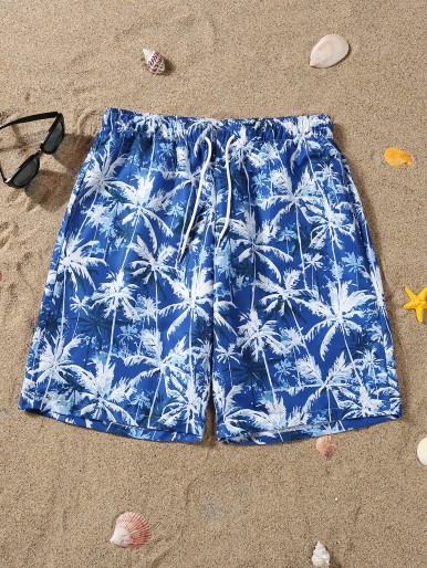 Men Tropical Print Drawstring Waist Shorts