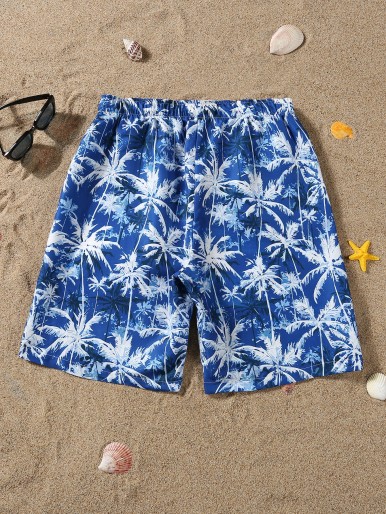 Men Tropical Print Drawstring Waist Shorts