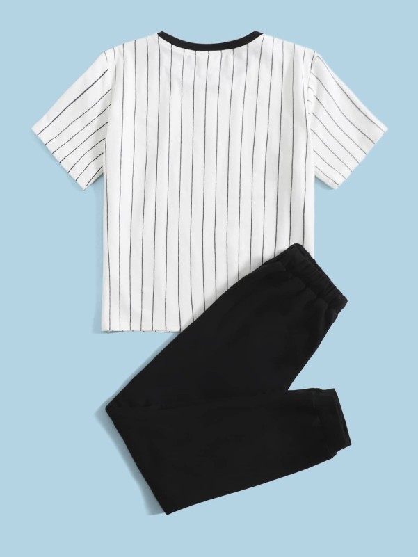 Boys Letter Graphic Striped Tee & Knot Front Pants