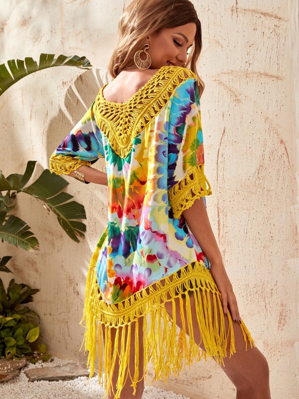 Feather Print Fringe Hem Contrast Crochet Cover Up