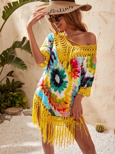 Feather Print Fringe Hem Contrast Crochet Cover Up