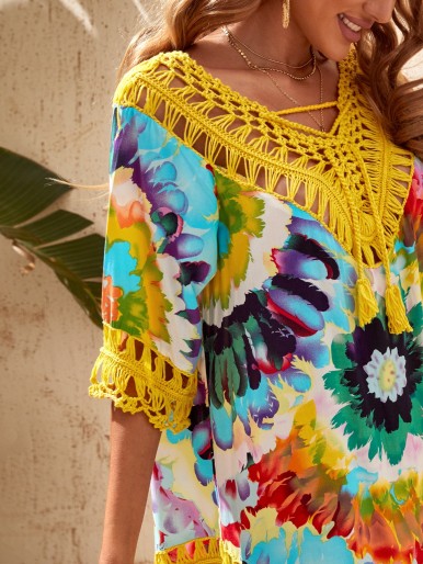 Feather Print Fringe Hem Contrast Crochet Cover Up