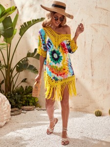 Feather Print Fringe Hem Contrast Crochet Cover Up