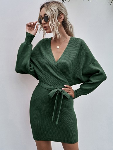 Solid Surplice Front Belted Ribbed Knit Dress