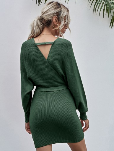 Solid Surplice Front Belted Ribbed Knit Dress