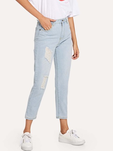 Faded Wash Shredded Mom Jeans