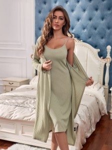 Solid Cami Night Dress & Lounge Robe