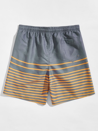 Men Striped Drawstring Waist Swim Trunks