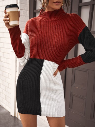 Color Block Rib-knit Sweater Dress Without Belt