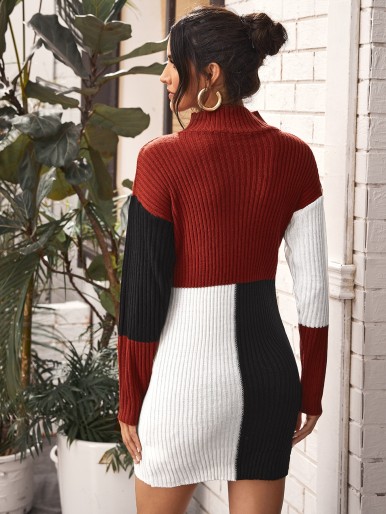 Color Block Rib-knit Sweater Dress Without Belt