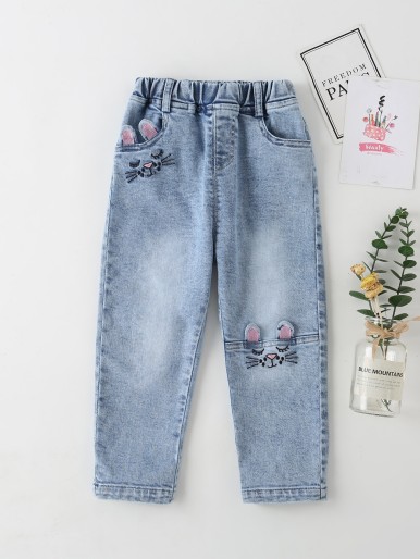 Toddler Girls 3D Ear Design Cartoon Embroidered Jeans