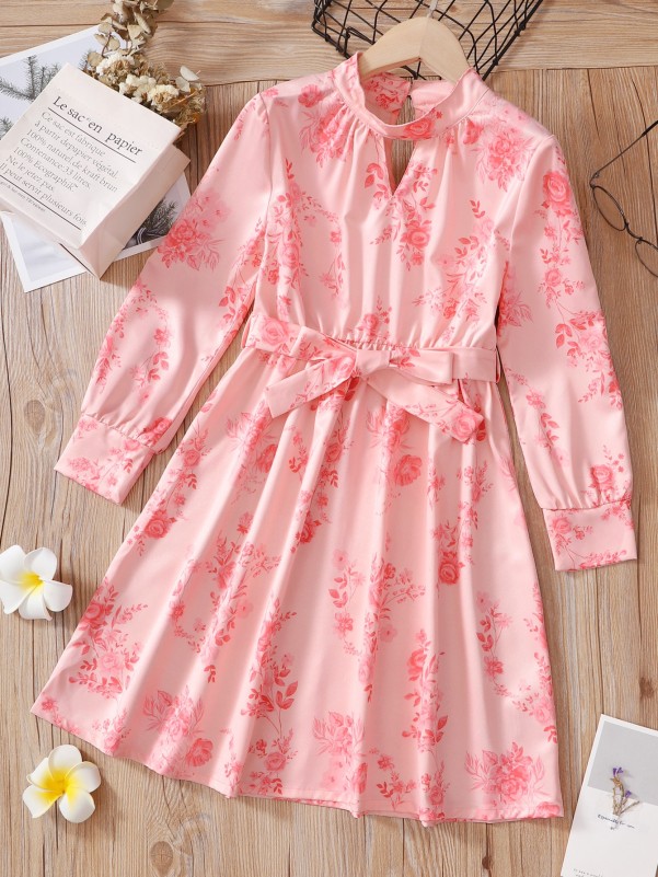 Girls 1pc Floral Print Keyhole Neckline Belted Dress