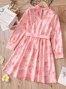 Girls 1pc Floral Print Keyhole Neckline Belted Dress