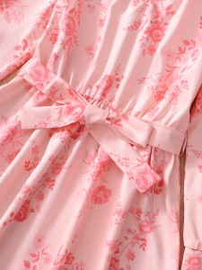 Girls 1pc Floral Print Keyhole Neckline Belted Dress