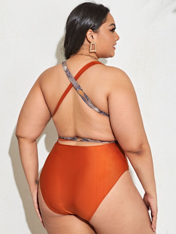 Plus Snakeskin Plunging One Piece Swimsuit